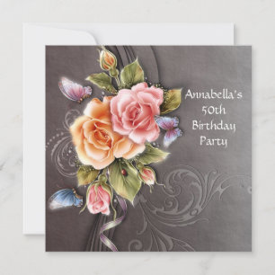 Vintag Pink Roses Floral Art 50. Geburtstag Einladung