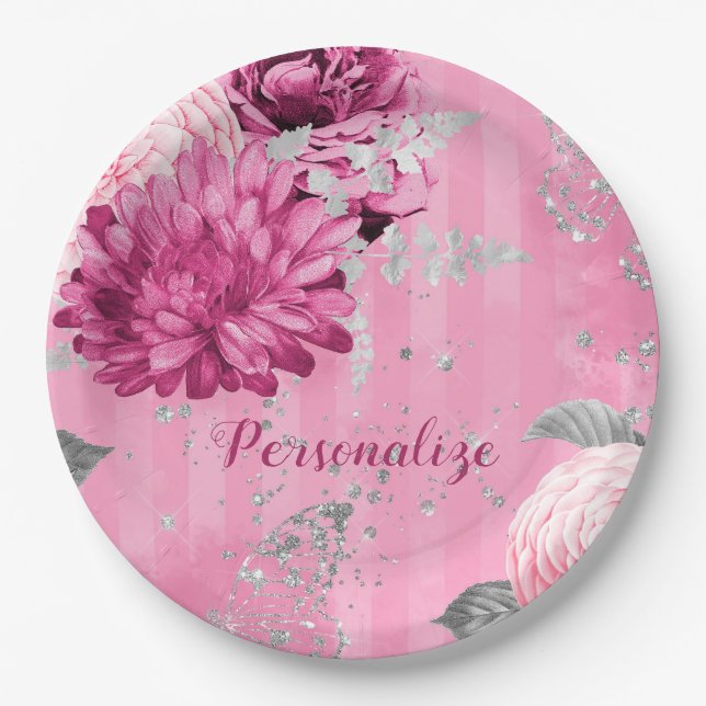 Vintag Pink Roses Silver Glitzer Butterfly Pappteller (Vorderseite)