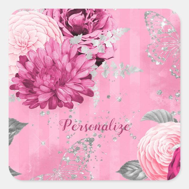 Vintag Pink Roses Silver Glitzer Butterfly Quadratischer Aufkleber (Vorderseite)