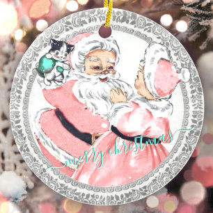 Vintag Pink Santa + Mrs Claus Viktorianische Weihn Keramik Ornament