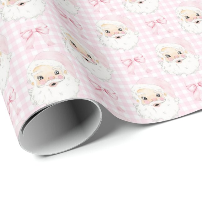 Vintag Pink Santa on Gingham Wrapping Paper Geschenkpapier (Rolleneckpunkt)