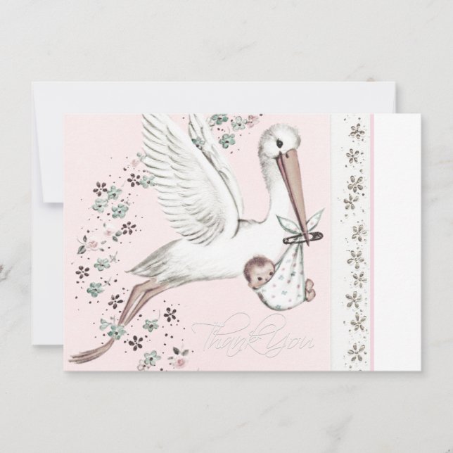 Vintag Pink Stork Baby Dusche Vielen Dank Dankeskarte (Vorderseite)