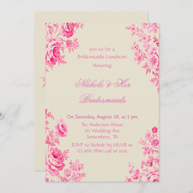 Vintag Pink Toile Blume Bridesmaids Luncheon Einladung (Vorne/Hinten)