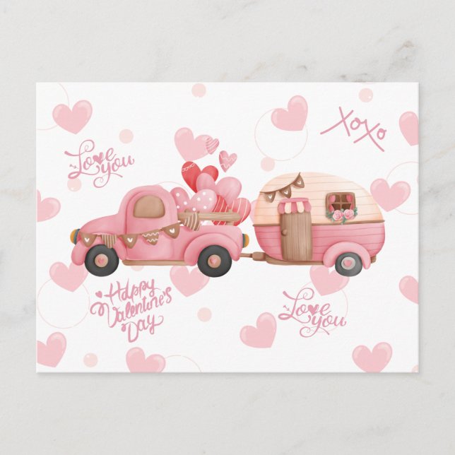 Vintag Pink Valentinstag LKW und Herz Postkarte (Vorderseite)