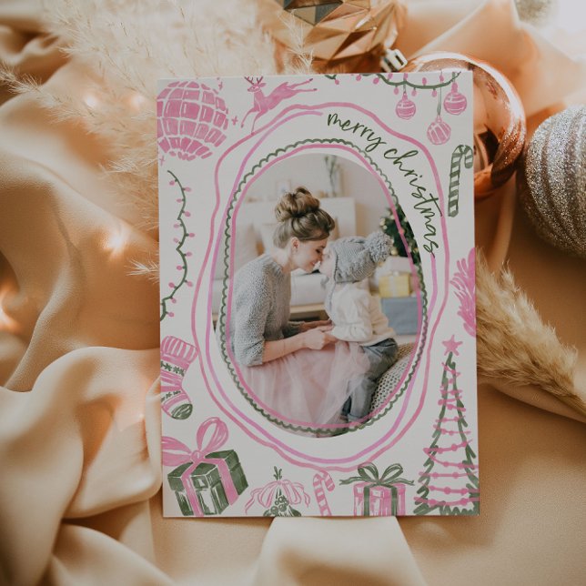 Vintag Pink Weihnachten Wasserfarben Familie Foto (Vintage Pink Watercolor Christmas Card)