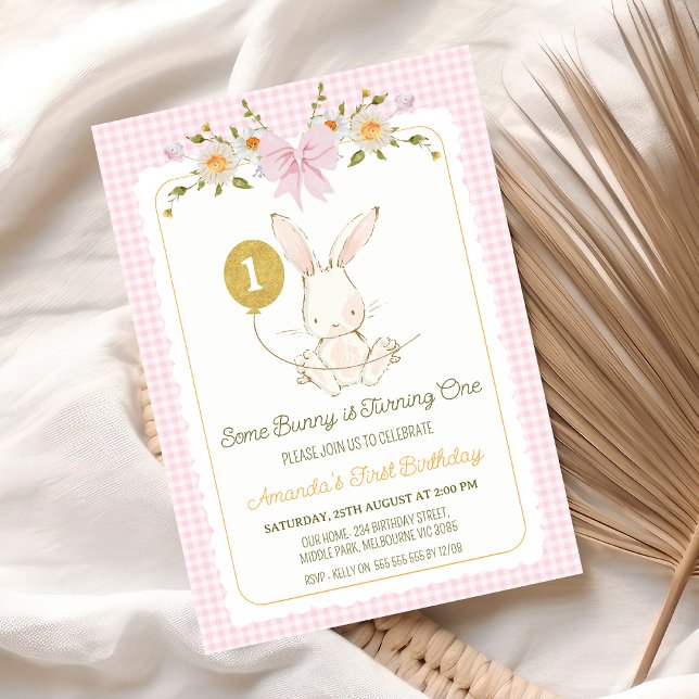 Vintag Pink Weißes Kaninchen 1. Geburtstag Einladung (Some Bunny 1st Birthday Invitation Wildflowers Bow, Bunny Themed Birthday Invitation for Girl)