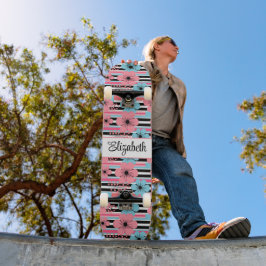 Vintag Pink Whimsical Floral Individuelle Name Skateboard
