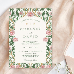 Vintag Pink White Floral William Morris Wedding Einladung