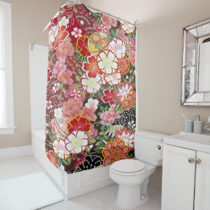 Vintag Pink White Japanisch Kimono Blume Duschvorhang