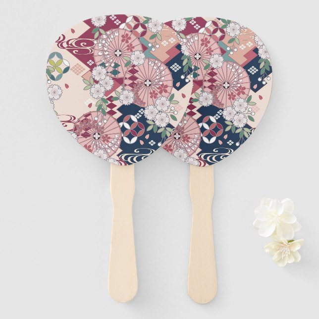 Vintag Pink White Japanisch Kimono Blume Fächer (Vorne und Hinten)