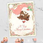 Vintag Pink Winking Black Santa Claus Weihnachten<br><div class="desc">Der afrikanische Weihnachtsmann im antiken Stil,  der in einem schönen,  rot-rosa Hut gekleidet ist und ein fröhliches Urlaubserlebnis signalisiert. Das Heilige Nick ist umgeben von goldfarbenem und blumengeschmücktem viktorianischen Rahmen und einem Gruß,  der personalisiert sein kann</div>
