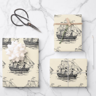 Vintag Pirates Galleon, Sketch eines 74-Gun-Schiff Geschenkpapier Set