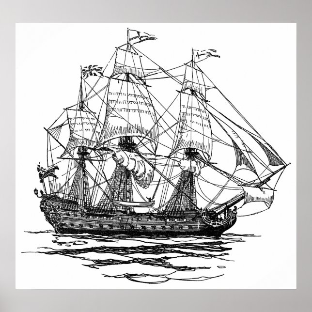 Vintag Pirates Galleon, Sketch eines 74-Gun-Schiff Poster (Vorne)