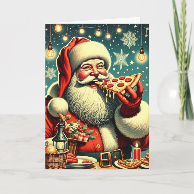 Vintag Pizza Santa Claus Feiertagskarte (Vorderseite)