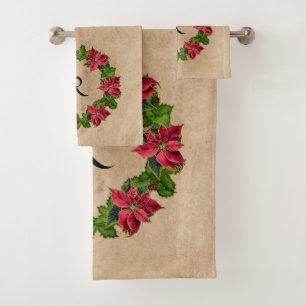 Vintag Poinsettia Holly Berry Wreath Monogramm Badhandtuch Set