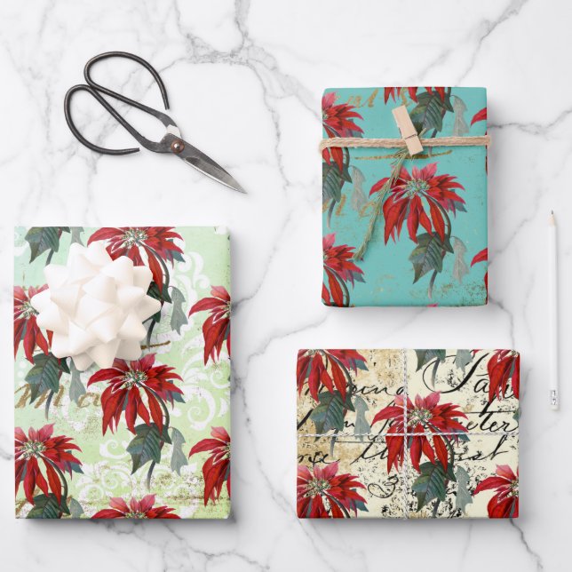 Vintag Poinsettia Muster Geschenkpapier Set (Vorderseite)