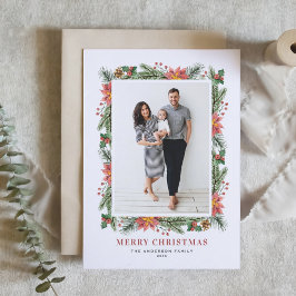 Vintag Poinsettias Pine Needles Foto Feiertagskarte