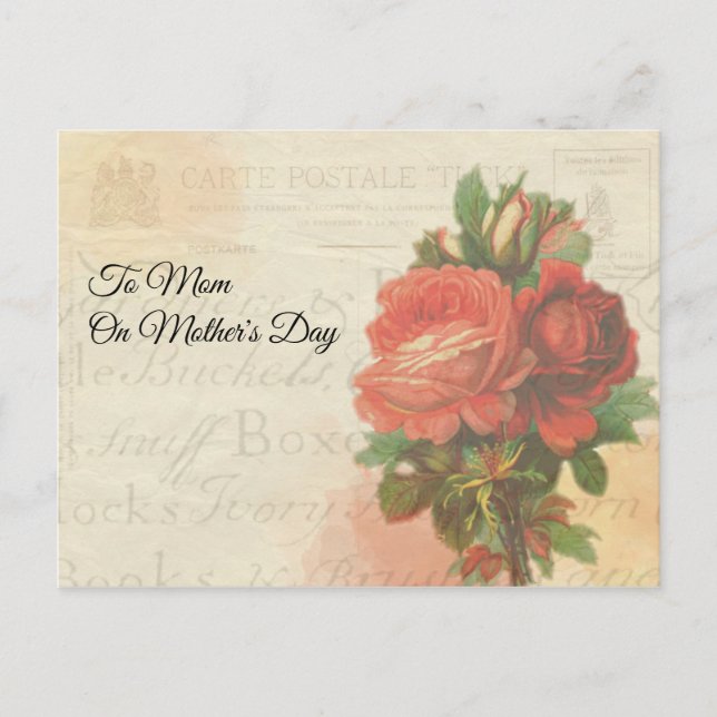Vintag Post Mother's Day Rote Rose Bouquet Postkarte (Vorderseite)