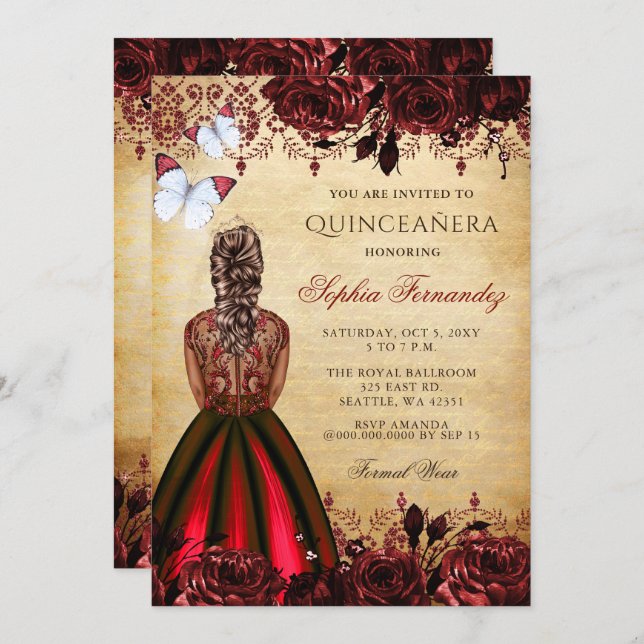 Vintag Princess Red Butterfly Quinceañera Einladung (Vorne/Hinten)
