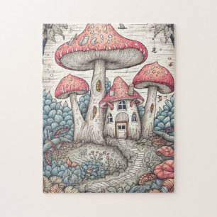 Vintag Psychedelic Mushroom House Illustration Puzzle