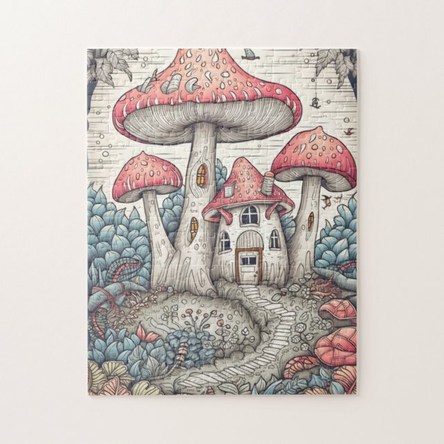 Vintag Psychedelic Mushroom House Illustration Puzzle (Vertikal)