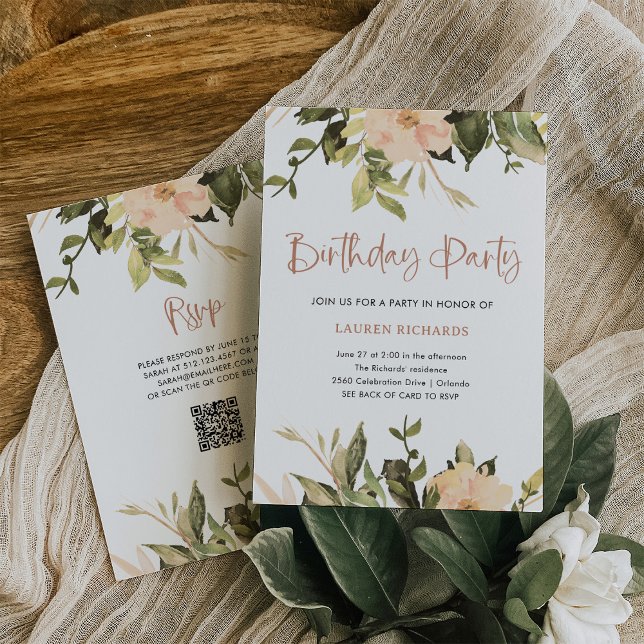 Vintag | QR-Code Geburtstagspartei Einladung (A pretty birthday party invitation with vintage peony flowers and a scannable QR code to rsvp)