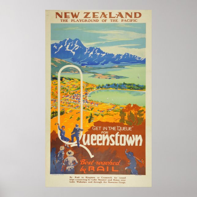 Vintag Queenstown New Zealand Travel Poster (Vorne)