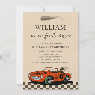 Vintag Racing Car Fast One Boy 1. Geburtstag Einladung