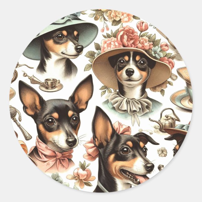 Vintag Rat Terrier Seamless Runder Aufkleber (Vorderseite)