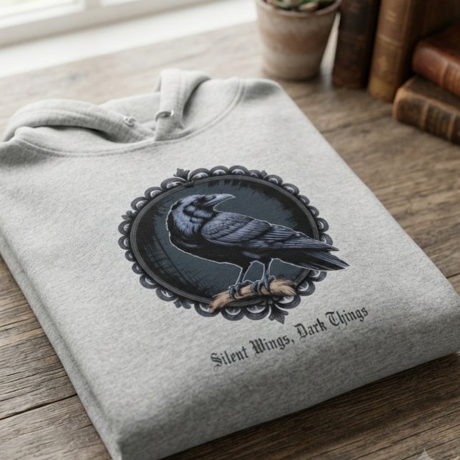 Vintag Raven Art Gray Hoodie (Alternative raven graphic hoodie for dark academia fans for birthdays or anniversaries.)