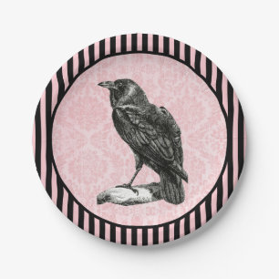 Vintag Raven Crow on Pink Damask Halloween Pappteller