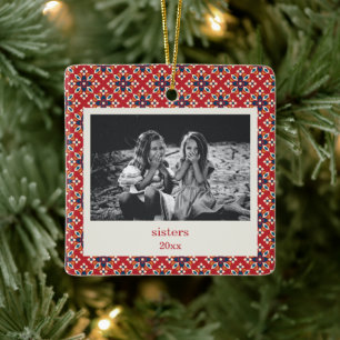 Vintag Red Blue Christmas Foto Sisters Keramikornament