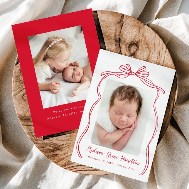 Vintag Red Bow 2 Foto Birth Ankündigung (Von Creator hochgeladen)