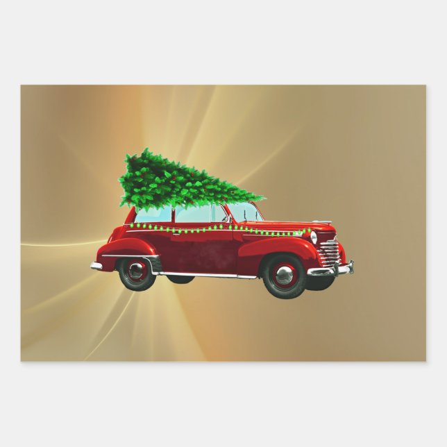 Vintag Red Car Weihnachtsgebäck Geschenkpapier Set (Vorderseite)