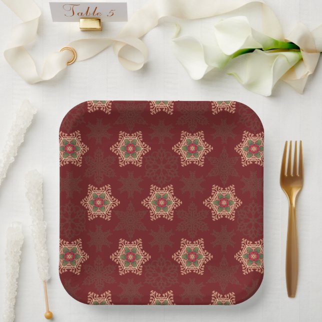 Vintag Red Christmas Holly Celtic Star Pattern Pappteller (Hochzeit)