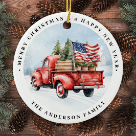 Vintag Red Christmas Truck Patriotic USA Flag Keramik Ornament