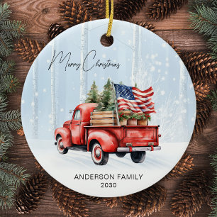 Vintag Red Christmas Truck Personalisiert USA Fahn Keramik Ornament