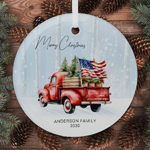 Vintag Red Christmas Truck Personalisiert USA Fahn Ornament Aus Glas