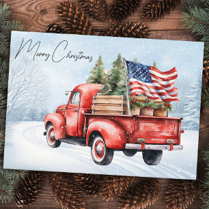 Vintag Red Christmas Truck USA Flag Patriotic Feiertagskarte