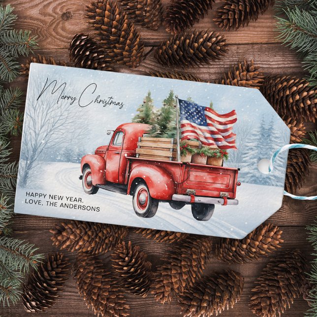 Vintag Red Christmas Truck USA Flag Patriotic Geschenkanhänger (Von Creator hochgeladen)