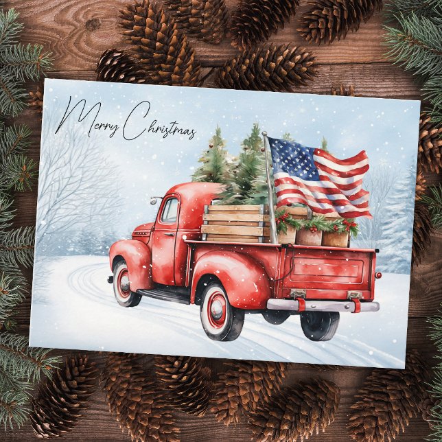 Vintag Red Christmas Truck USA Flag Patriotic Mitteilungskarte (Von Creator hochgeladen)