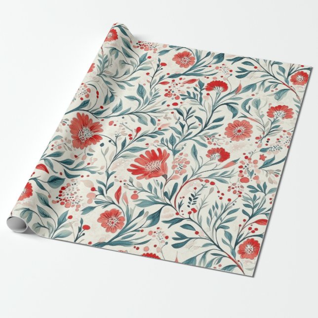 Vintag Red Daisy Floral Pattern - Botanisch Geschenkpapier (Ungerollt)