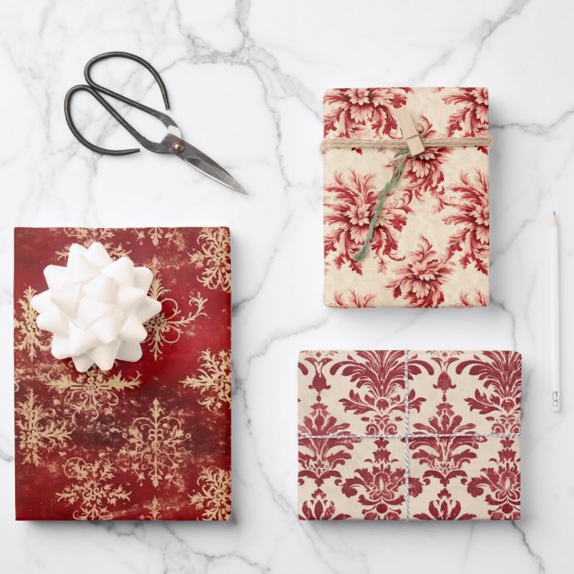 Vintag Red Damask Muster Christmas Mix Geschenkpapier Set (Vorderseite)