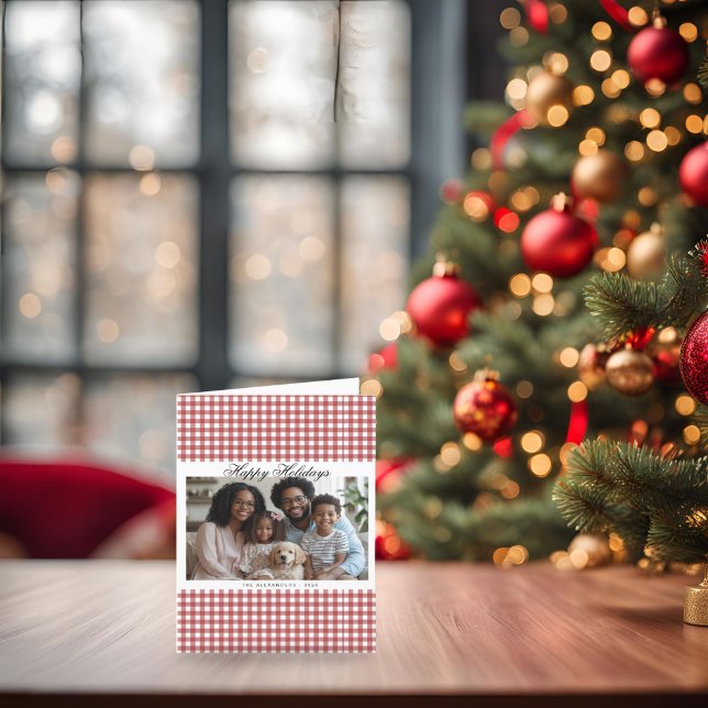 Vintag Red Gingham Holiday Foto Feiertagskarte (Folded Vintage Red Gingham Holiday Photo Card)