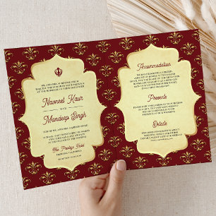 Vintag Red Gold Verziert Anand Karaj Sikh Wedding Einladung