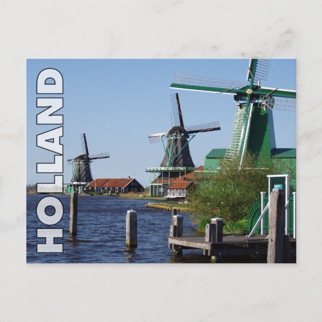 Vintag Red Green Zaanse Schans Dutch Windmills Postkarte (Vorderseite)