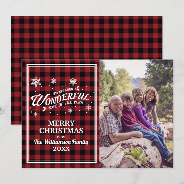 Vintag Red Kariert Christmas Foto Grußkarte Einladung (Vorne/Hinten)