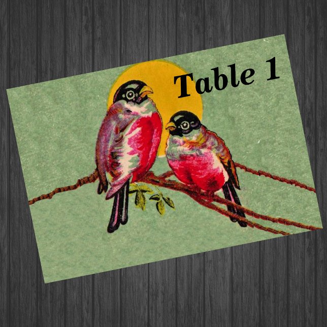 Vintag Red Love Birds Sun Tischnummer (Two red love birds sitting together on branch yellow sun on green event table cards.)