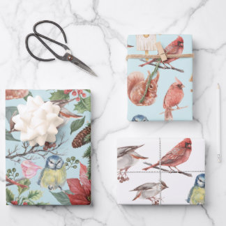 Vintag Red Poinsettia Wintervögel Weihnachten Geschenkpapier Set