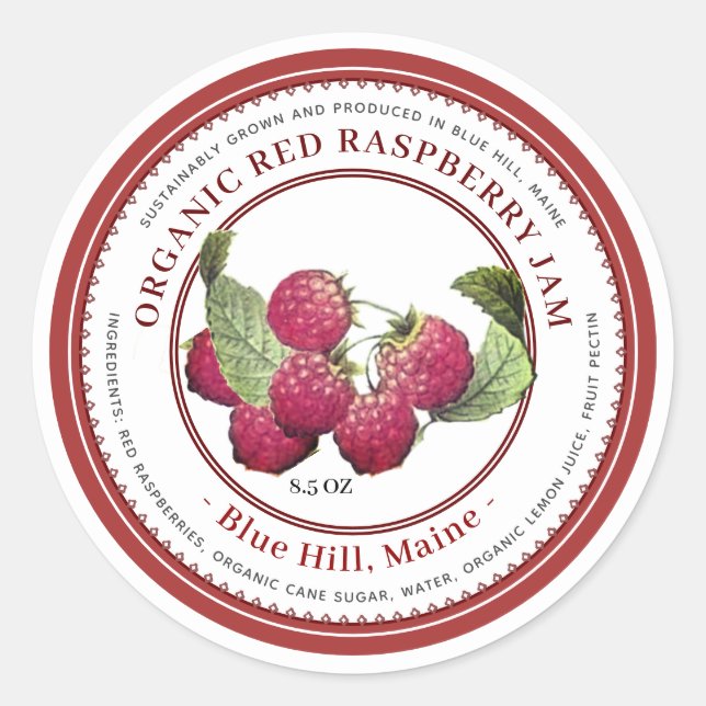 Vintag Red Raspberry Illustration Raspberry Jam Runder Aufkleber (Vorderseite)
